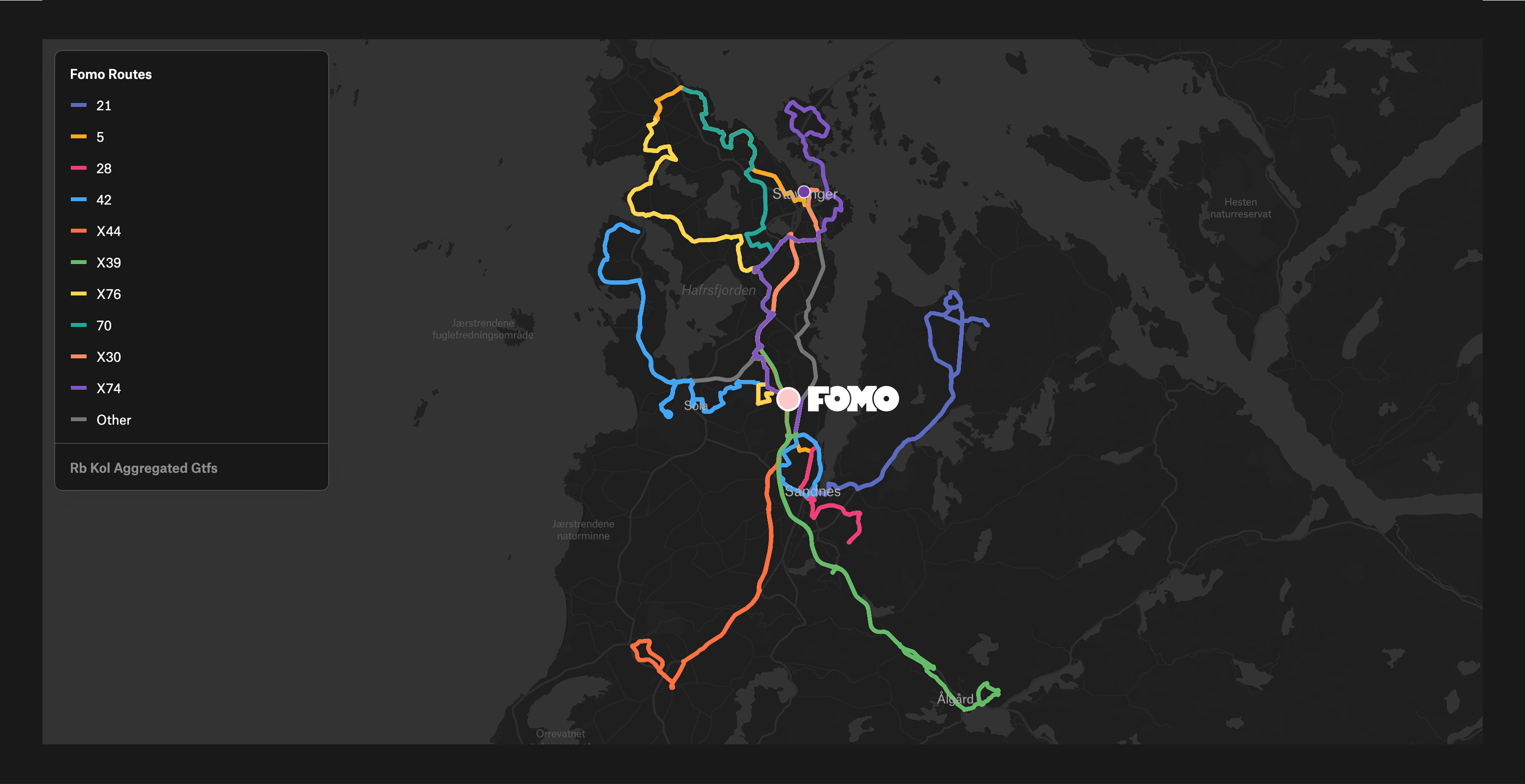 Bus routes map showing FOMO connections across the region
