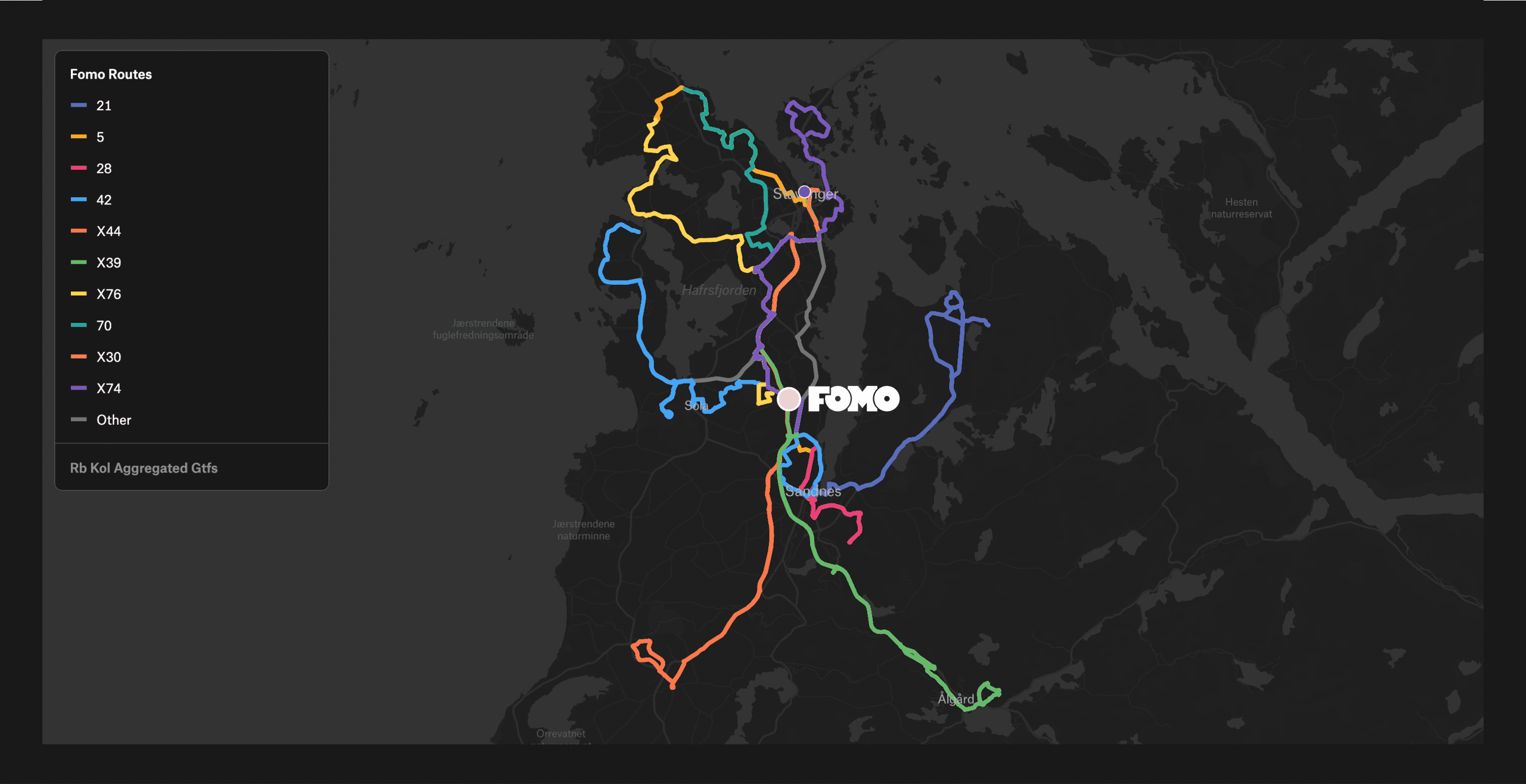 Kart over bussruter som viser FOMO-forbindelser i regionen