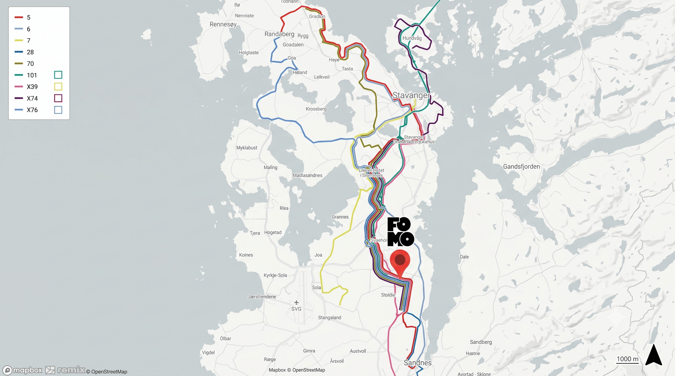 Bus routes map showing FOMO connections across the region