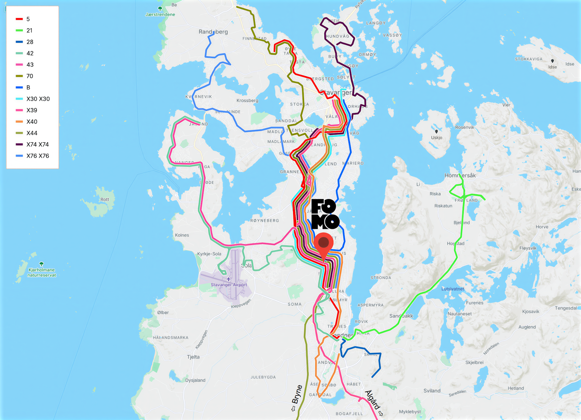 Bus routes map showing FOMO connections across the region